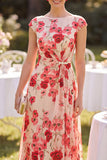 Mangas de gola bateau vermelhas Vestido Midi de Mãe da Noiva com Estampado Floral em Linha A
