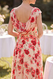 Mangas de gola bateau vermelhas Vestido Midi de Mãe da Noiva com Estampado Floral em Linha A