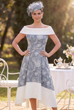 Branco cinzento, branco ao ombro, com estampado baixo em linha A, vestido midi Mãe da Noiva