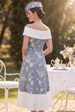 Branco cinzento, branco ao ombro, com estampado baixo em linha A, vestido midi Mãe da Noiva