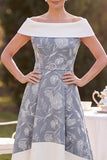 Branco cinzento, branco ao ombro, com estampado baixo em linha A, vestido midi Mãe da Noiva