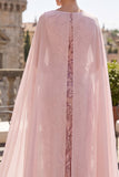 Vestido midi Mãe da Noiva com lantejoulas cor-de-rosa com gola de capuz e cape de chiffon