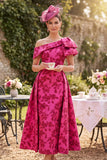 Vestido Mãe da Noiva, Fúcsia Fúcsia Estampado em linha A assimétrico de um ombro