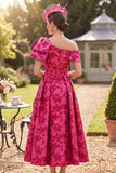 Vestido Mãe da Noiva, Fúcsia Fúcsia Estampado em linha A assimétrico de um ombro