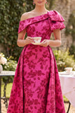 Vestido Mãe da Noiva, Fúcsia Fúcsia Estampado em linha A assimétrico de um ombro