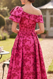 Vestido Mãe da Noiva, Fúcsia Fúcsia Estampado em linha A assimétrico de um ombro