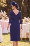 Decote bateau azul-marinho Bainha mangas 3/4 Aplicações Midi Vestido Mãe da Noiva
