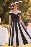 Vestido Midi Mãe da Noiva, Preto Branco Franzido Branco Ombro Descoberto