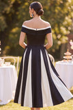 Vestido Midi Mãe da Noiva, Preto Branco Franzido Branco Ombro Descoberto