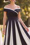Vestido Midi Mãe da Noiva, Preto Branco Franzido Branco Ombro Descoberto