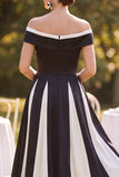 Vestido Midi Mãe da Noiva, Preto Branco Franzido Branco Ombro Descoberto