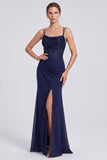 Vestido formal longo de sereia, espartilho de lantejoulas, azul azul-marinho brilhante e franzido, com fenda