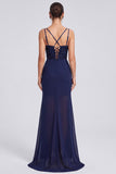 Vestido formal longo de sereia, espartilho de lantejoulas, azul azul-marinho brilhante e franzido, com fenda