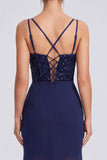 Vestido formal longo de sereia, espartilho de lantejoulas, azul azul-marinho brilhante e franzido, com fenda