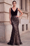 Vestido longo de baile de finalistas com veludo de veludo em V com decote em V em forma de sereia preta