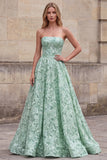 Vestido Longo de Baile Floral Verde Verde A-Line Strapless sem lantejoulas