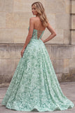 Vestido Longo de Baile Floral Verde Verde A-Line Strapless sem lantejoulas