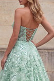 Vestido Longo de Baile Floral Verde Verde A-Line Strapless sem lantejoulas
