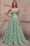 Vestido de Baile de Finalistas Verde, Linha A, Strapless de Cetim, Maxi de Finalistas com Aplicações de Flores 3D