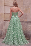 Vestido de Baile de Finalistas Verde, Linha A, Strapless de Cetim, Maxi de Finalistas com Aplicações de Flores 3D