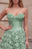 Vestido de Baile de Finalistas Verde, Linha A, Strapless de Cetim, Maxi de Finalistas com Aplicações de Flores 3D