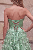 Vestido de Baile de Finalistas Verde, Linha A, Strapless de Cetim, Maxi de Finalistas com Aplicações de Flores 3D