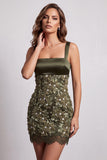 Vestido de cocktail curto de cocktail com gola quadrada decote de cetim com gola quadrada oliva