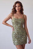 Lantejoulas de Azeitona Aplicações Florais Tiras finas Bodycon Vestido de cocktail curto