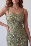 Lantejoulas de Azeitona Aplicações Florais Tiras finas Bodycon Vestido de cocktail curto