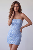 Vestido de cocktail curto bodycon com lantejoulas azul celeste em renda, com renda nas costas