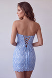 Vestido de cocktail curto bodycon com lantejoulas azul celeste em renda, com renda nas costas