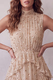 Vestido Midi Midi Champagne de gola alta, camadas e folhos, sem mangas e lantejoulas
