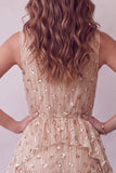Vestido Midi Midi Champagne de gola alta, camadas e folhos, sem mangas e lantejoulas