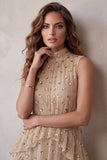 Vestido Midi Midi Champagne de gola alta, camadas e folhos, sem mangas e lantejoulas