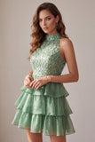 Vestido de cocktail curto A-Line Verde de gola alta com folhos e franjas
