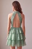 Vestido de cocktail curto A-Line Verde de gola alta com folhos e franjas