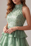 Vestido de cocktail curto A-Line Verde de gola alta com folhos e franjas