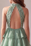 Vestido de cocktail curto A-Line Verde de gola alta com folhos e franjas