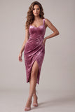 Fúcsia Bodycon Sweetheart Veludo Vestido Midi Franzido com Fenda