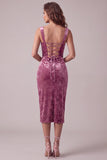 Fúcsia Bodycon Sweetheart Veludo Vestido Midi Franzido com Fenda