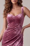 Fúcsia Bodycon Sweetheart Veludo Vestido Midi Franzido com Fenda