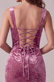 Fúcsia Bodycon Sweetheart Veludo Vestido Midi Franzido com Fenda