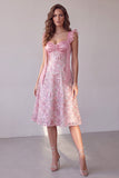 Vestido de Convidado de Noiva Midi de Cetim A-Line Cor-de-rosa com Lantejoulas