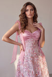 Vestido de Convidado de Noiva Midi de Cetim A-Line Cor-de-rosa com Lantejoulas