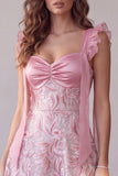 Vestido de Convidado de Noiva Midi de Cetim A-Line Cor-de-rosa com Lantejoulas