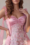 Vestido de Convidado de Noiva Midi de Cetim A-Line Cor-de-rosa com Lantejoulas