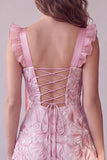 Vestido de Convidado de Noiva Midi de Cetim A-Line Cor-de-rosa com Lantejoulas