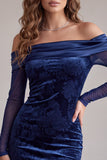 Vestido de cocktail curto de mangas compridas com estampado de cetim em ombros descobertos, Bodycon azul-marinho