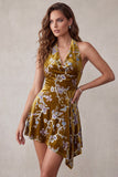 Vestido cocktail curto, alto e baixo com estampagem floral dourado mostarda, vestido de cocktail assimétrico alto e baixo curto