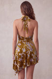 Vestido cocktail curto, alto e baixo com estampagem floral dourado mostarda, vestido de cocktail assimétrico alto e baixo curto